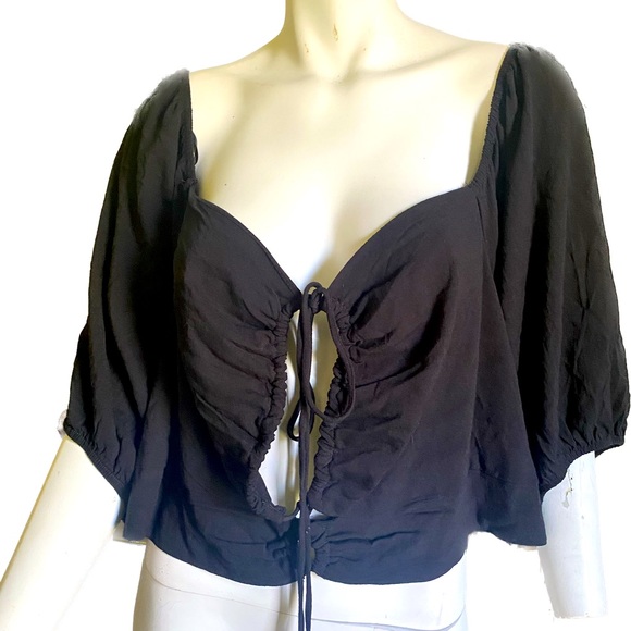 Ladies puffy sleeve cut out peekaboo lace up crop top blouse halter club night - Picture 2 of 4